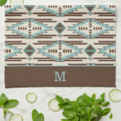 青と茶色の部アステカ族模様モノグラム キッチンタオル (折り畳み)