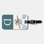 青と茶色の飛行機カラーブロックキッドのイニシャル ラゲッジタグ (正面横)