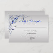 青と華美銀のフローラ渦巻き旋回RSVP 出欠カード (正面/裏面)