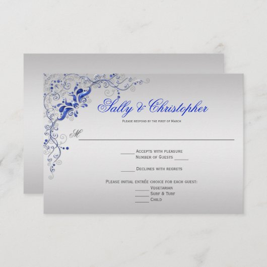 青と華美銀のフローラ渦巻き旋回RSVP 出欠カード (正面/裏面)