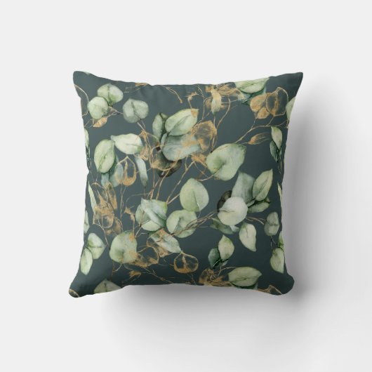 青と葉金ゴールドのユーカリの模様 クッション (裏面)