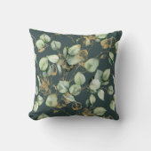 青と葉金ゴールドのユーカリの模様 クッション (正面)