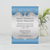 青と装飾的な銀の蝶の結婚式後招待状 招待状 (スタンド正面)