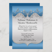 青と装飾的な銀の蝶の結婚式後招待状 招待状 (正面/裏面)