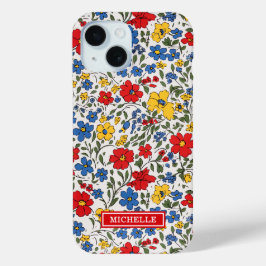 青と赤と黄色のいたずらな花のモノグラム iPhone 15ケース