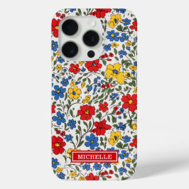 青と赤と黄色のいたずらな花のモノグラム iPhone 15 PROケース