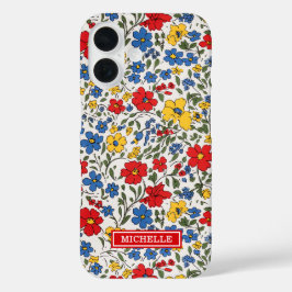 青と赤と黄色のいたずらな花のモノグラム iPhone 16ケース