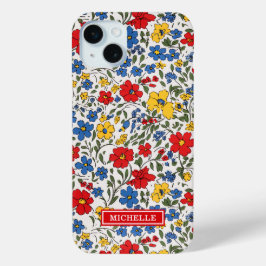 青と赤と黄色のいたずら描きの花のモノグラム iPhone 15 MINIケース