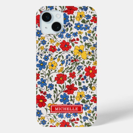青と赤と黄色のいたずら描きの花のモノグラム Case-Mate iPhoneケース (裏面)