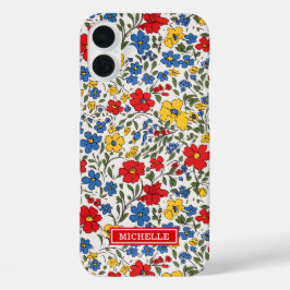 青と赤と黄色のいたずら描きの花のモノグラム iPhone 16 PLUSケース