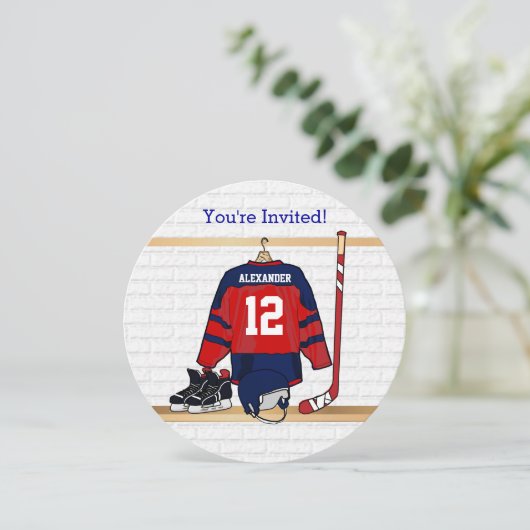 青と赤のアイスホッケーのジャージー誕生パーティー 招待状 (スタンド正面)