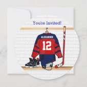 青と赤のアイスホッケーのジャージー誕生パーティー 招待状 (正面)