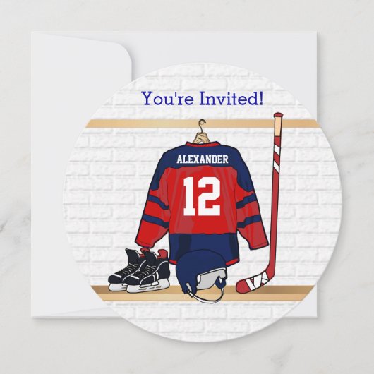 青と赤のアイスホッケーのジャージー誕生パーティー 招待状 (正面)