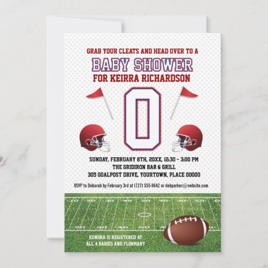 青と赤のサッカーのベビーシャワー 招待状 (正面)