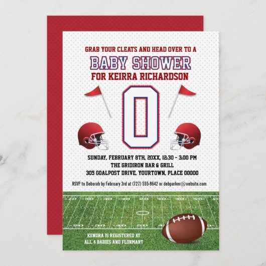 青と赤のサッカーのベビーシャワー 招待状 (正面/裏面)
