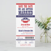 青と赤のサッカーチケット結婚式の日付を保存 セーブザデート (スタンド正面)