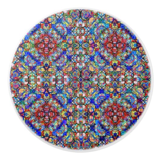 青と赤のステンドグラスの外観万華鏡のように千変万化するパターン セラミックノブ (正面)