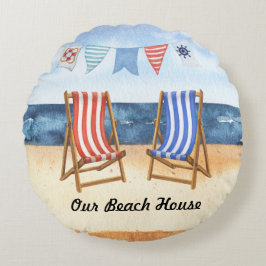 青と赤のストライプのビーチ椅子 ラウンドクッション