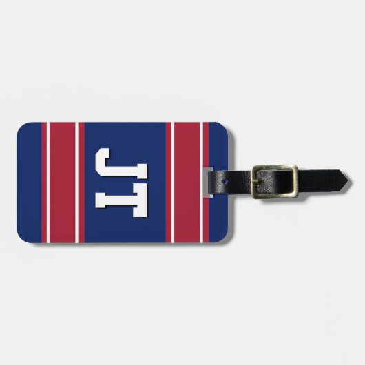 青と赤のスポーツストライプズモノグラム ラゲッジタグ (正面横)
