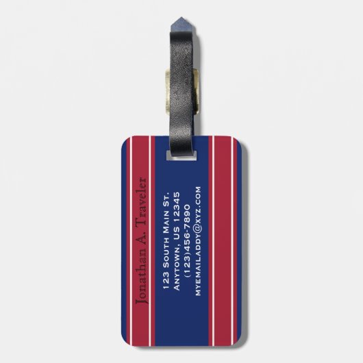 青と赤のスポーツストライプズモノグラム ラゲッジタグ (裏面縦)