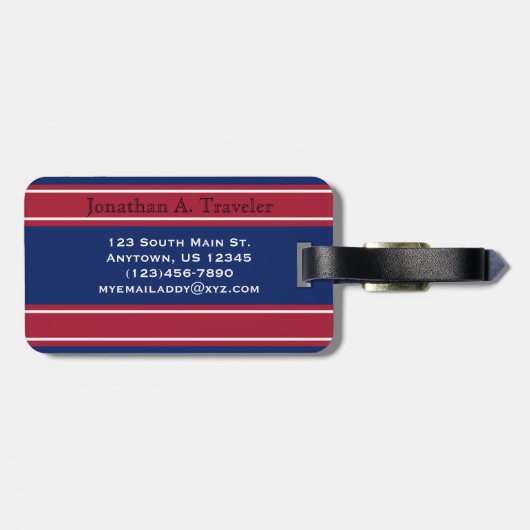 青と赤のスポーツストライプズモノグラム ラゲッジタグ (裏面横)