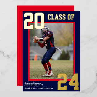 青と赤のスポーティな大学の卒業写真 箔シーズンカード