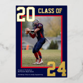 青と赤のスポーティな大学の卒業写真 箔シーズンカード (正面)