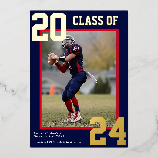 青と赤のスポーティな大学の卒業写真 箔シーズンカード (正面)