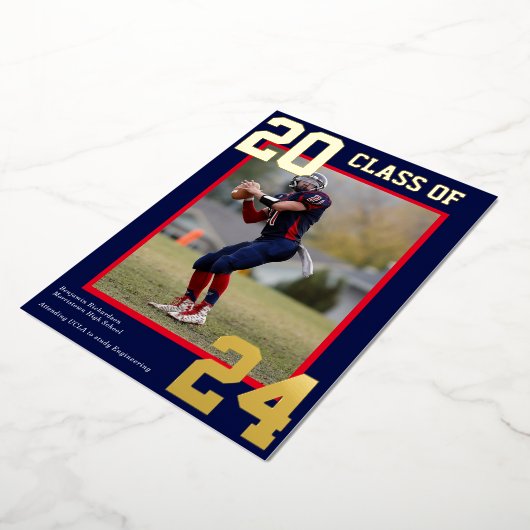 青と赤のスポーティな大学の卒業写真 箔シーズンカード (回転した状態)
