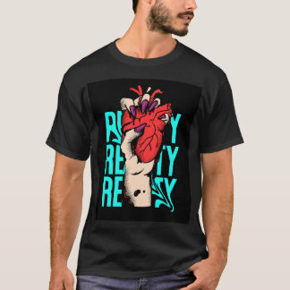 青と赤のハートデザインの黒いTシャツ Tシャツ