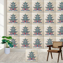 青と赤のパゴダ中国のーChinoiserieテンプルアート タイル