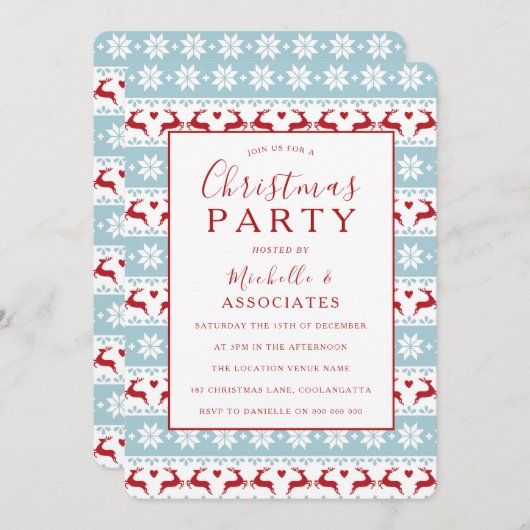 青と赤のパターンのオフィスワーククリスマスパーティー 招待状 (正面/裏面)