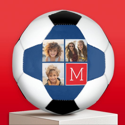 青と赤のフォトコラージュとモノグラム サッカーボール