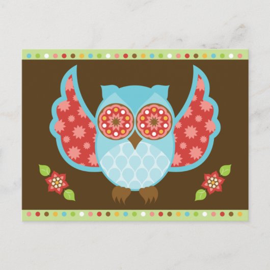 青と赤のフクロウが茶色と緑のポストカードに ポストカード (正面)