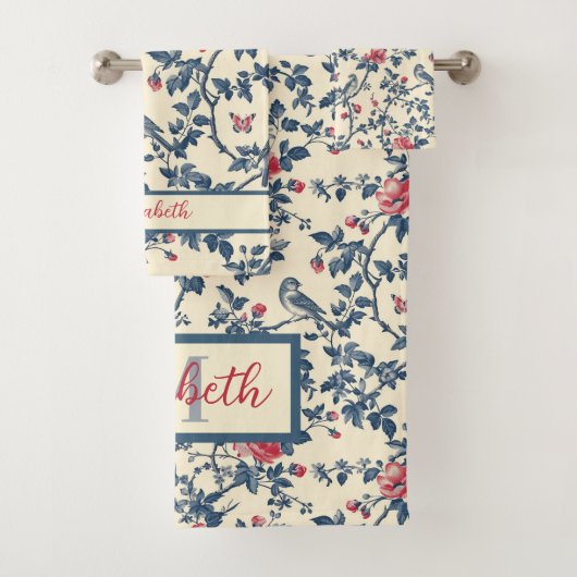 青と赤のフローラトイルドジュイと鳥 バスタオルセット (インサイチュ)