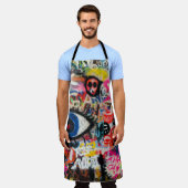 青と赤のフローラ織物 エプロン (着用した状態)