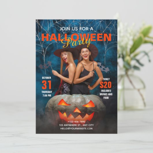 青と赤のモダンハローウィンパーティ招待状 招待状 (スタンド正面)