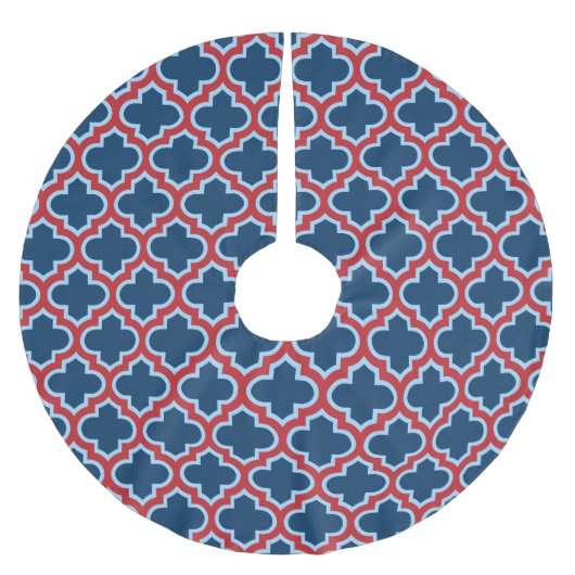 青と赤のモロッコのトレリス、ラティス、クローバー ブラッシュドポリエステルツリースカート (正面)