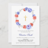 青と赤のリースフローラガールボーイバプテスマ 招待状 (正面)