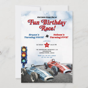 青と赤のレトロなレースカー兄弟の誕生日 招待状