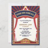 青と赤のレトロカーニバルの誕生日の写真 招待状 (正面)