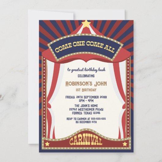青と赤のレトロカーニバルの誕生日の写真 招待状 (正面)
