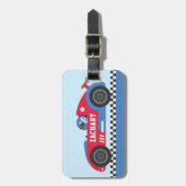 青と赤のレーサー·カー·キッズパーソナライズされた ラゲッジタグ (正面縦)
