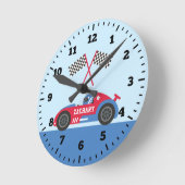 青と赤のレースカーレーサーボーイズベッドウォールデコール ラウンド壁時計 (傾斜)