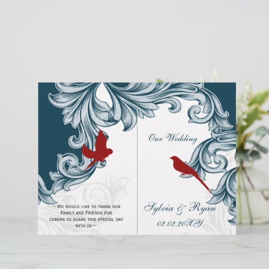 青と赤のロブバードが折り畳まれた結婚式 プログラム (スタンド正面)