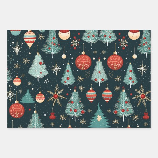青と赤のヴィンテージのクリスマスパターン ラッピングペーパーシート (正面2)