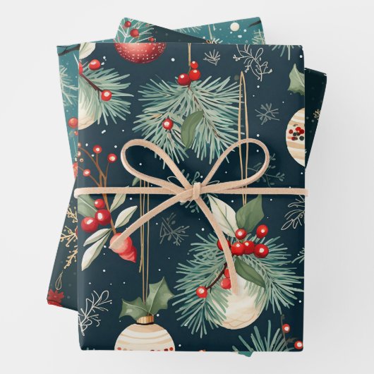青と赤のヴィンテージのクリスマスパターン ラッピングペーパーシート (インサイチュ)