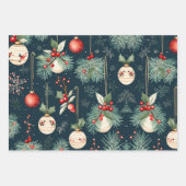 青と赤のヴィンテージのクリスマスパターン ラッピングペーパーシート (正面)