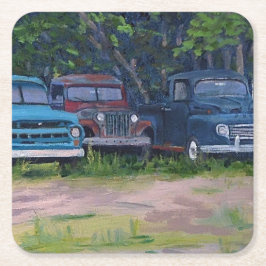 青と赤のヴィンテージトラック、オリジナル絵を描ズ スクエアペーパーコースター