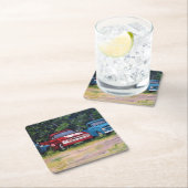 青と赤のヴィンテージトラック、油絵 スクエアペーパーコースター (インサイチュ)